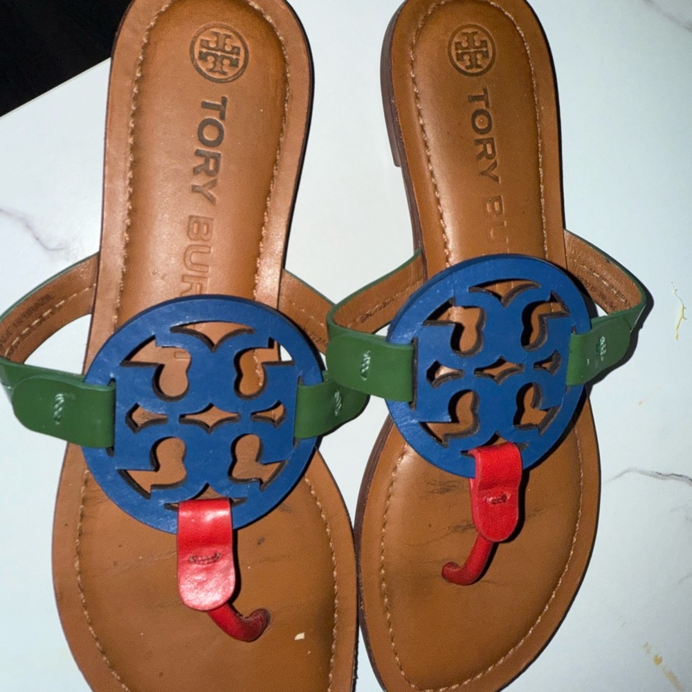 Tory Burch Blue, Green and Red Logo Leather Sandals